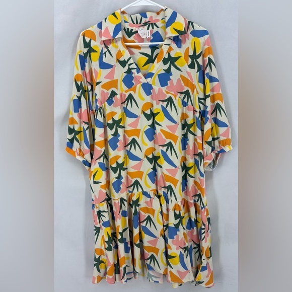 FRESHA Abbott Verano V-Neck 3/4 Puff Sleeve Tiered Mini Dress medium Colorful - Picture 3 of 11